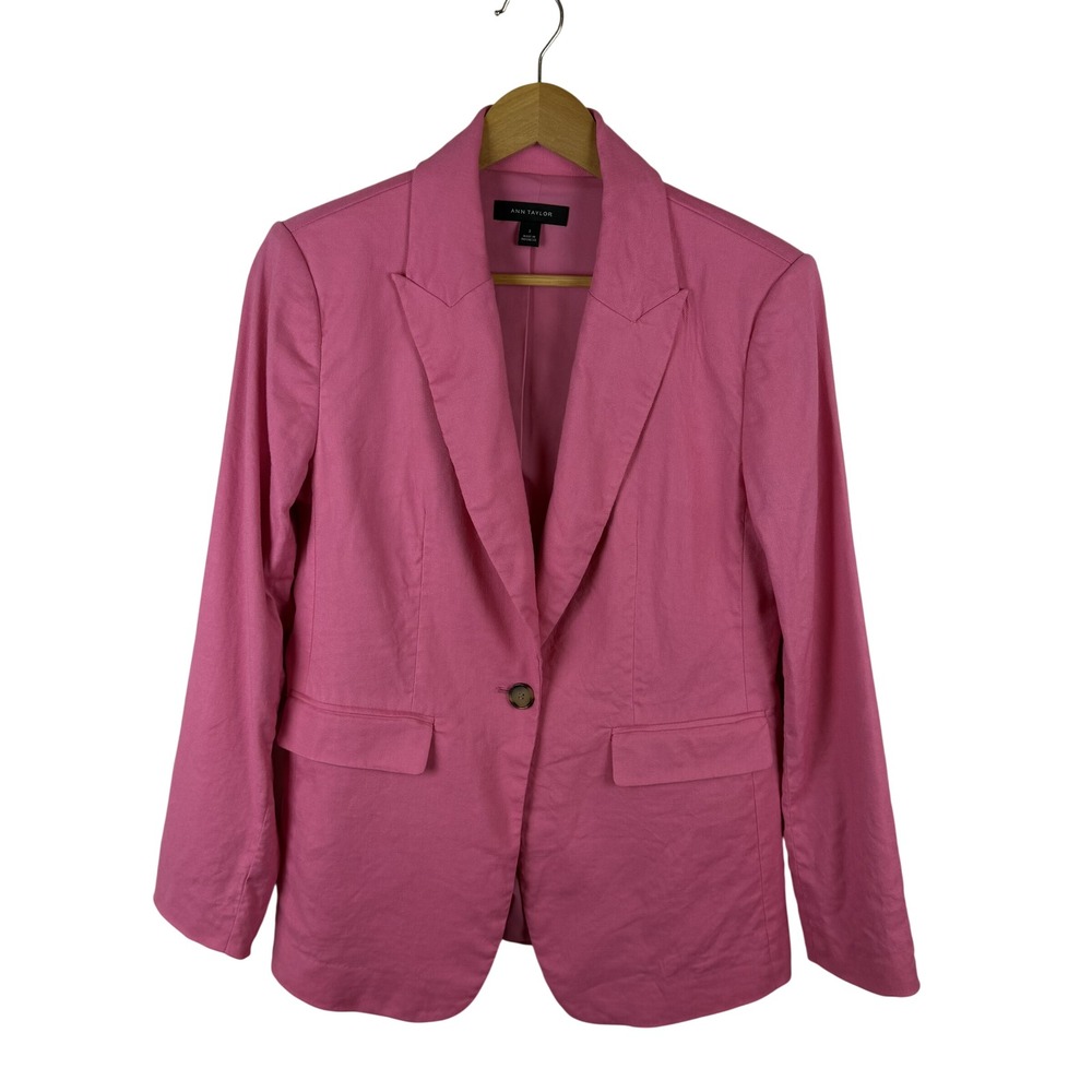 Ann Taylor Pink Linen Blend Single Button Blazer Jacket Size 2 Preppy Office
